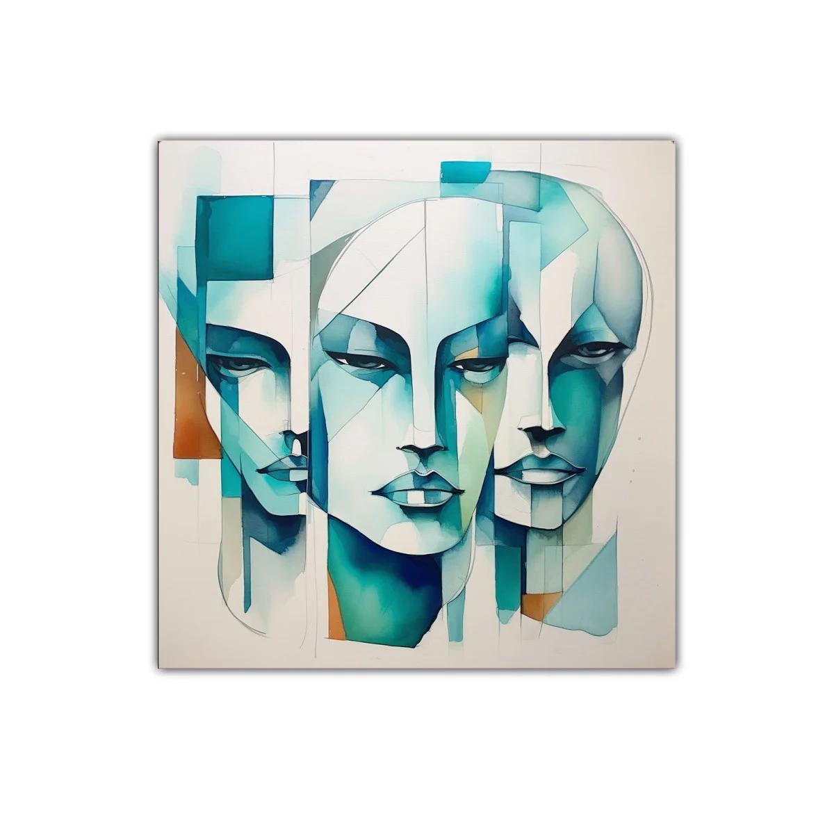 Tríptico abstracto de rostros en tonos azules y turquesa — imagen principal
