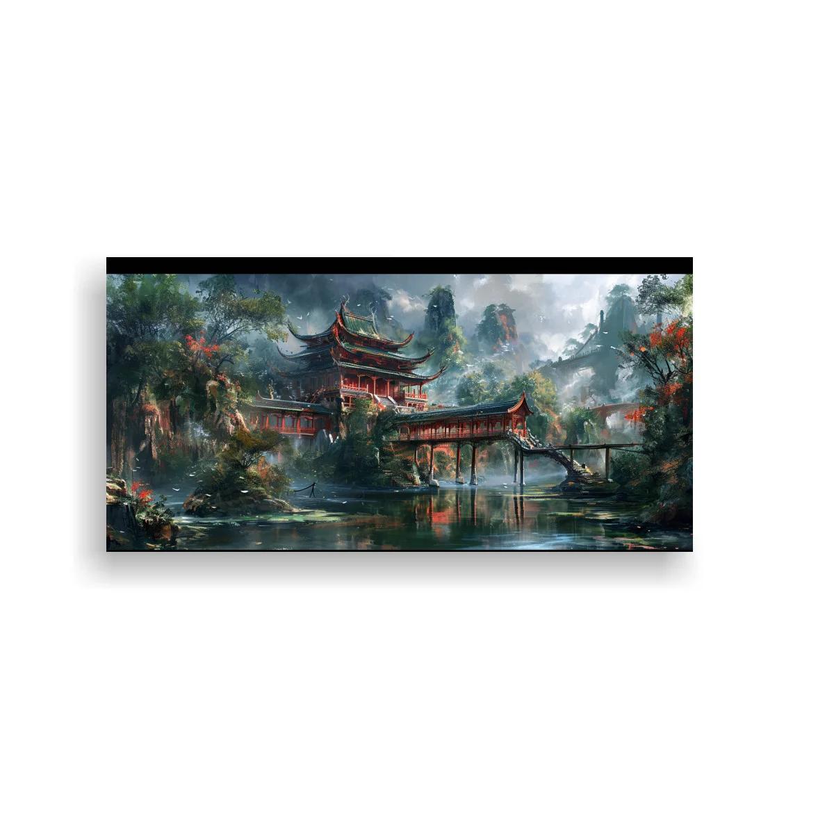 Cuadro templo oriental junto al agua con montañas brumosas — imagen principal