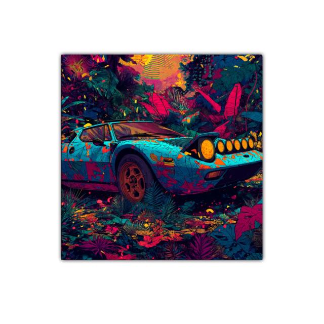 Cuadro decorativo coche clásico en vibrante jungla surrealista
