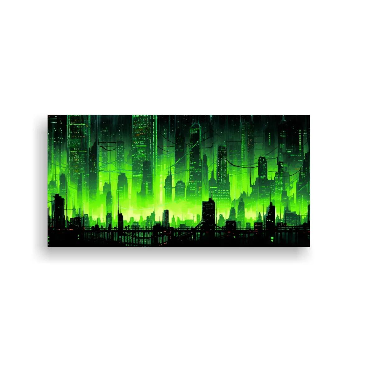 Cuadro skyline futurista verde con líneas verticales luminosas
