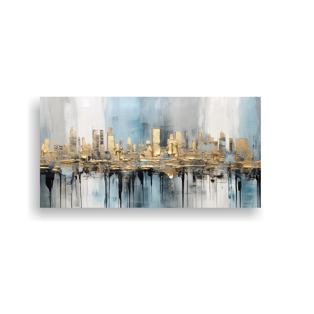 Cuadro skyline urbano abstracto con goteos dorados