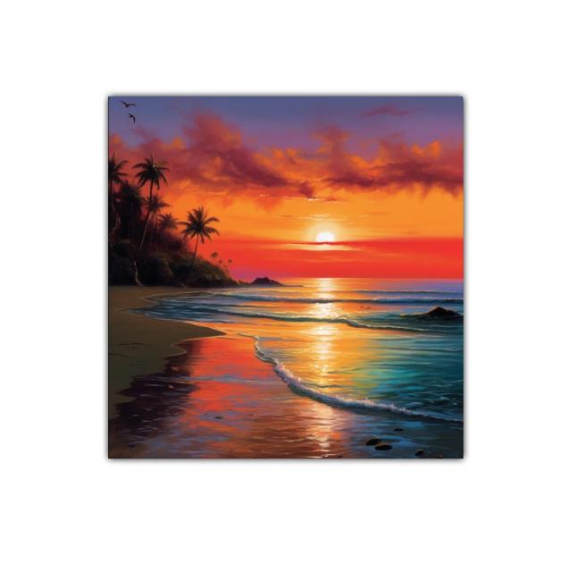 Atardecer tropical con palmeras y reflejos vibrantes en el mar