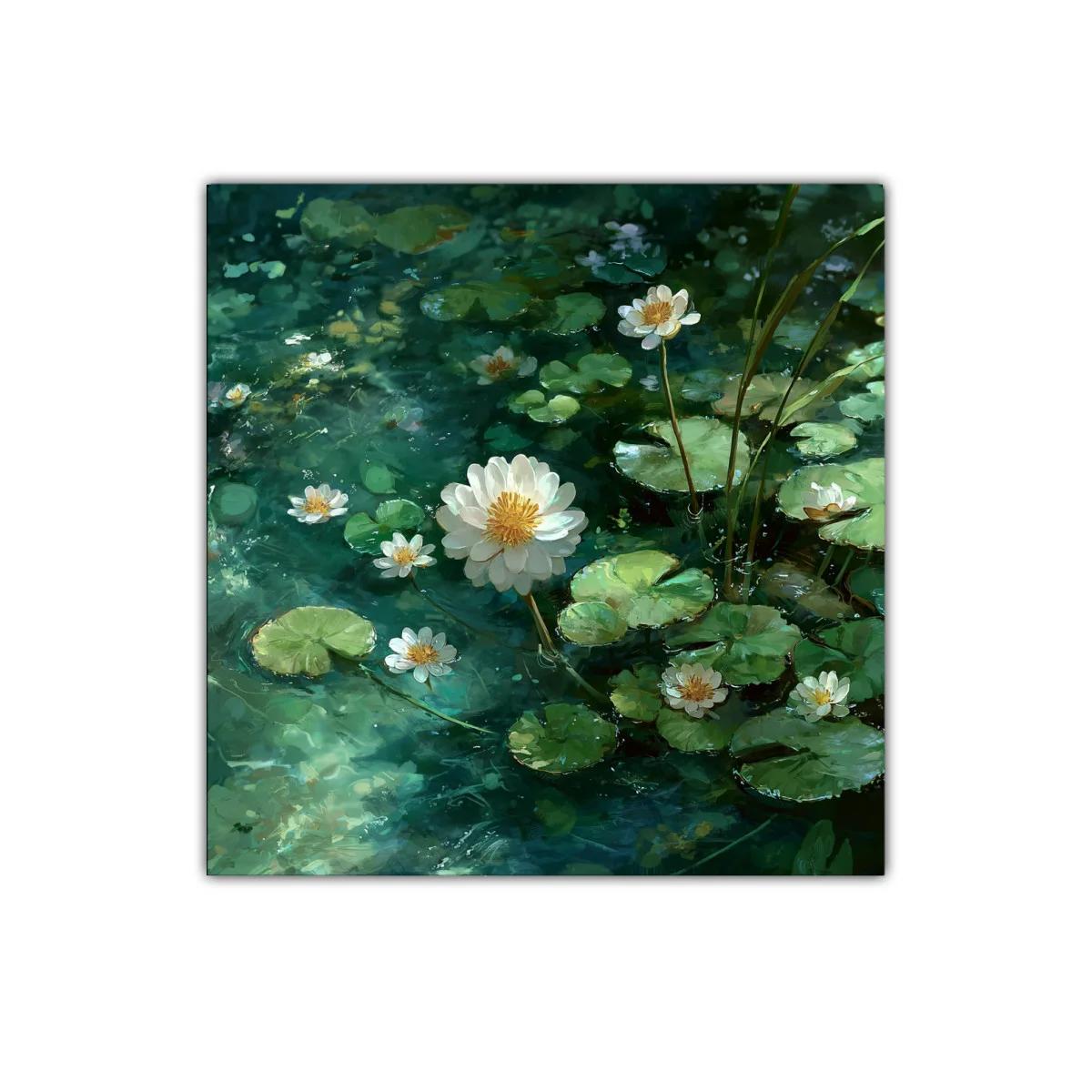 Lienzo de flores acuáticas en tonos verde y blanco — imagen principal