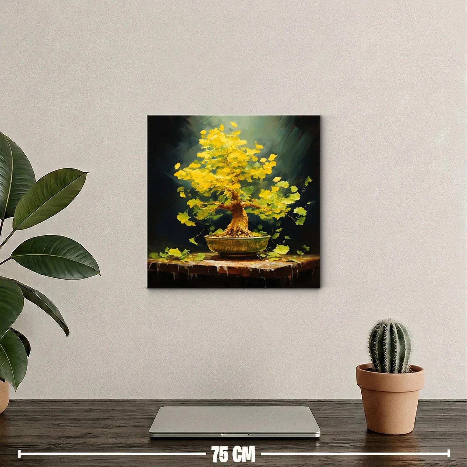 Árbol bonsái con hojas doradas vibrantes sobre mesa rústica — miniatura 2