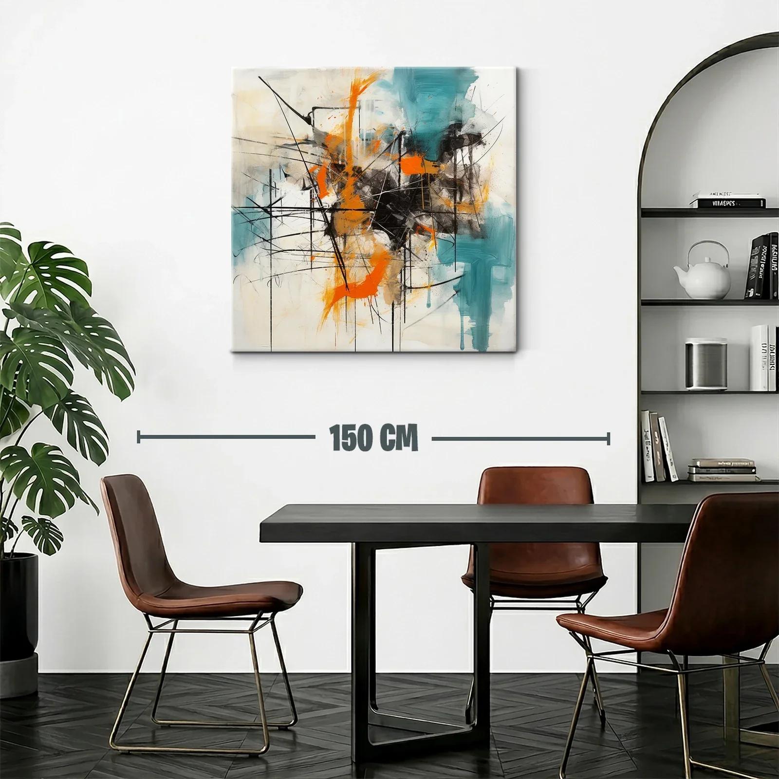 Cuadro abstracto con trazos en naranja y turquesa vibrante — miniatura 2