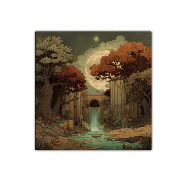 Paisaje nocturno con cascada y árboles de otoño