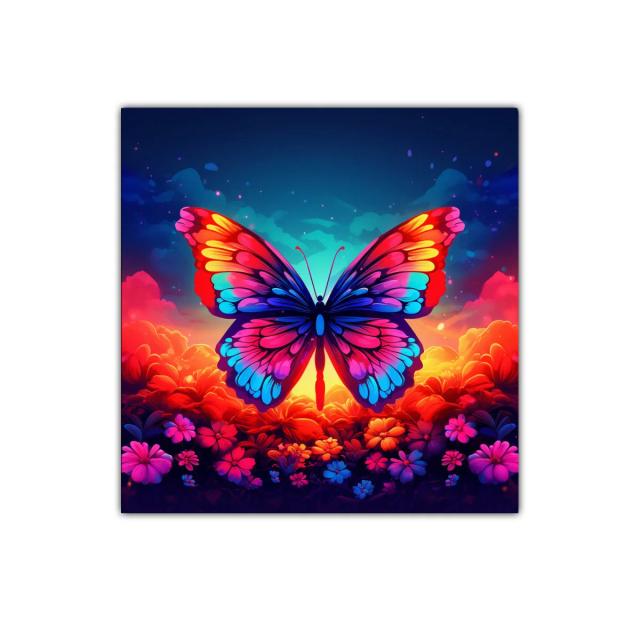 Mariposa vibrante sobre fondo floral al atardecer