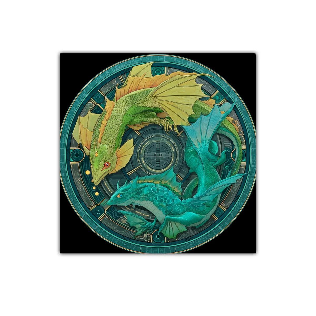 Dragones circulares en tonos verdes y azules místicos — imagen principal