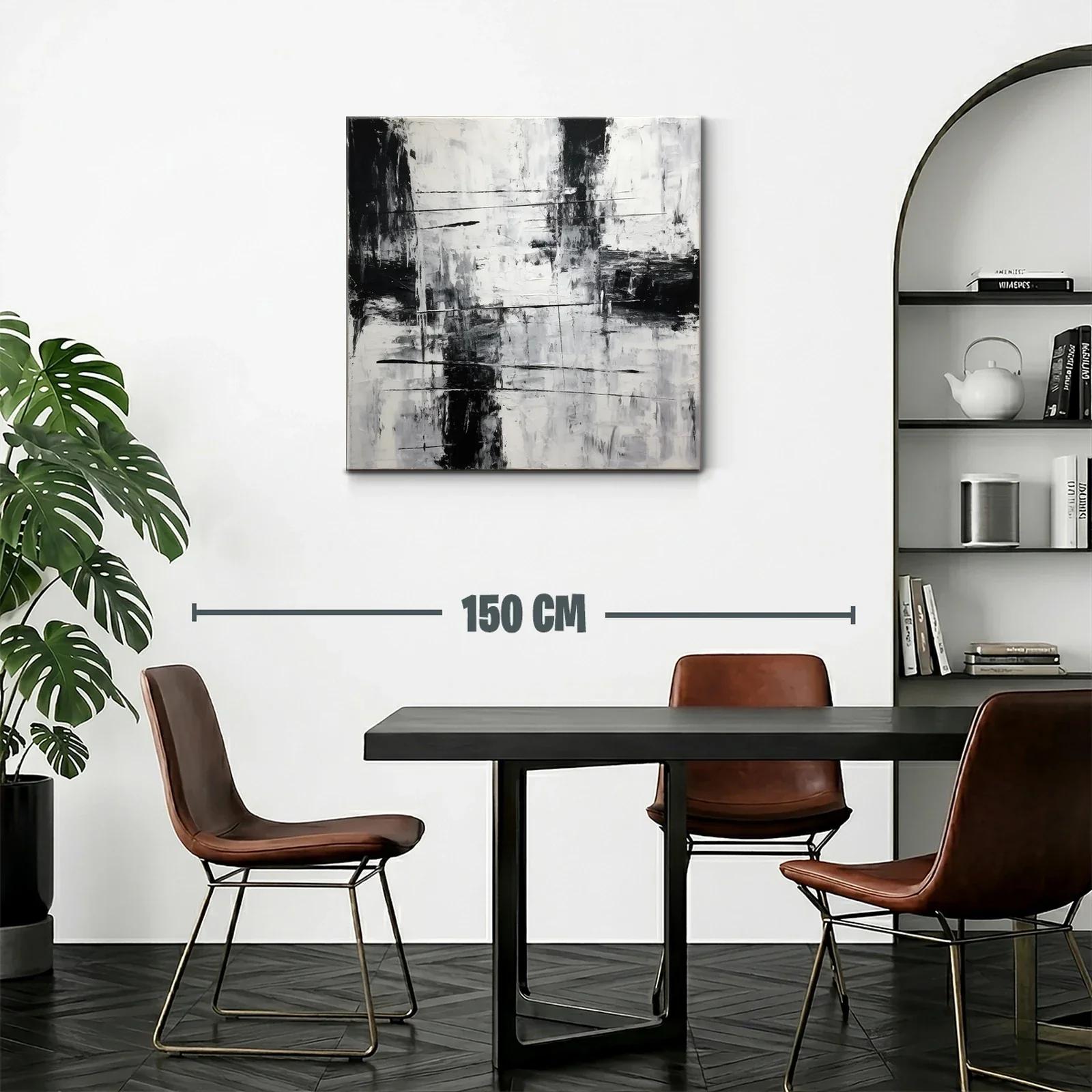 Cuadro abstracto en blanco y negro con textura y líneas dinámicas — miniatura 2