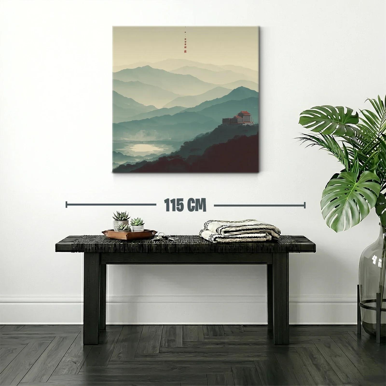 Paisaje con montañas y templo tradicional en calma matutina — miniatura 2
