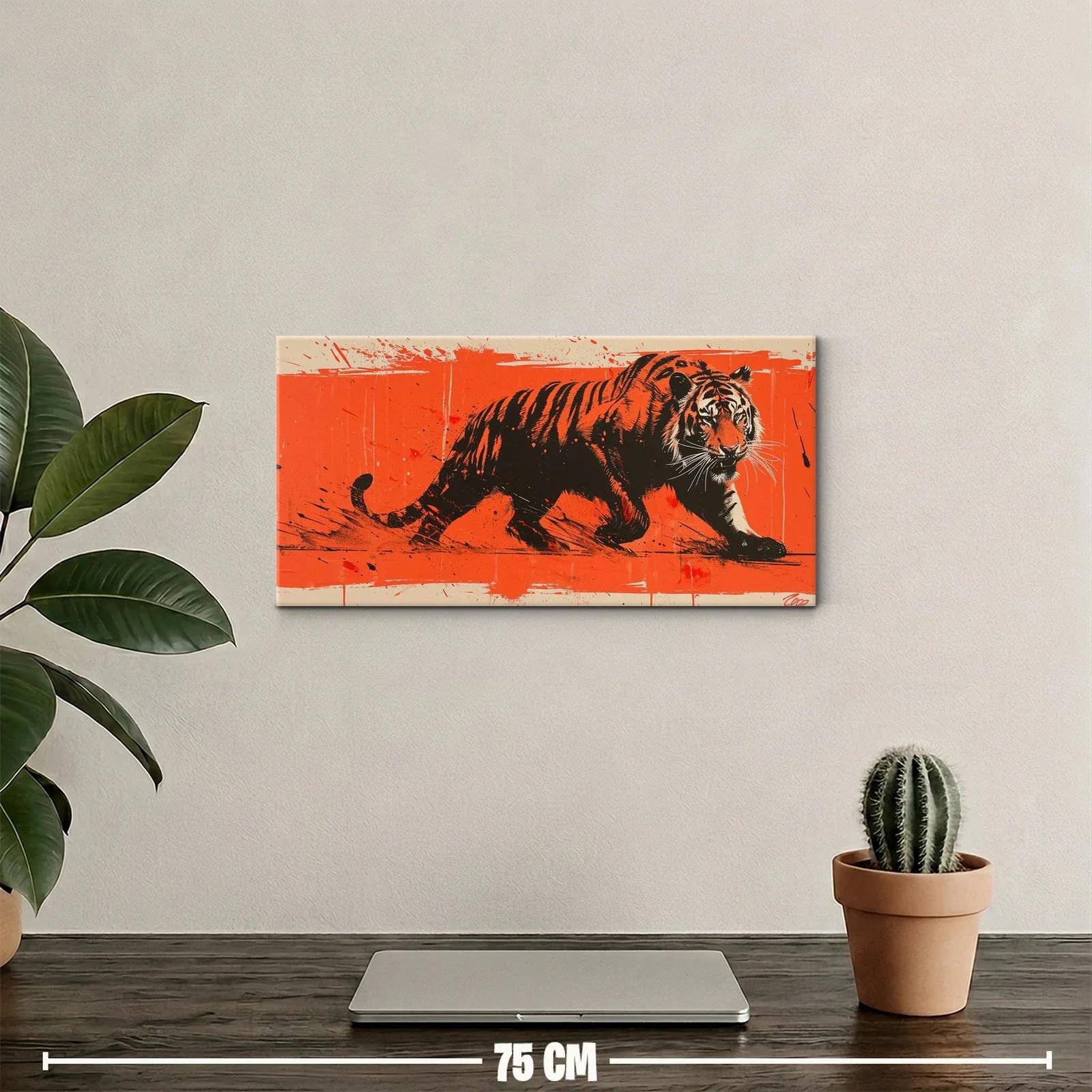 Cuadro tigre rayado en avance sobre fondo coral — miniatura 2