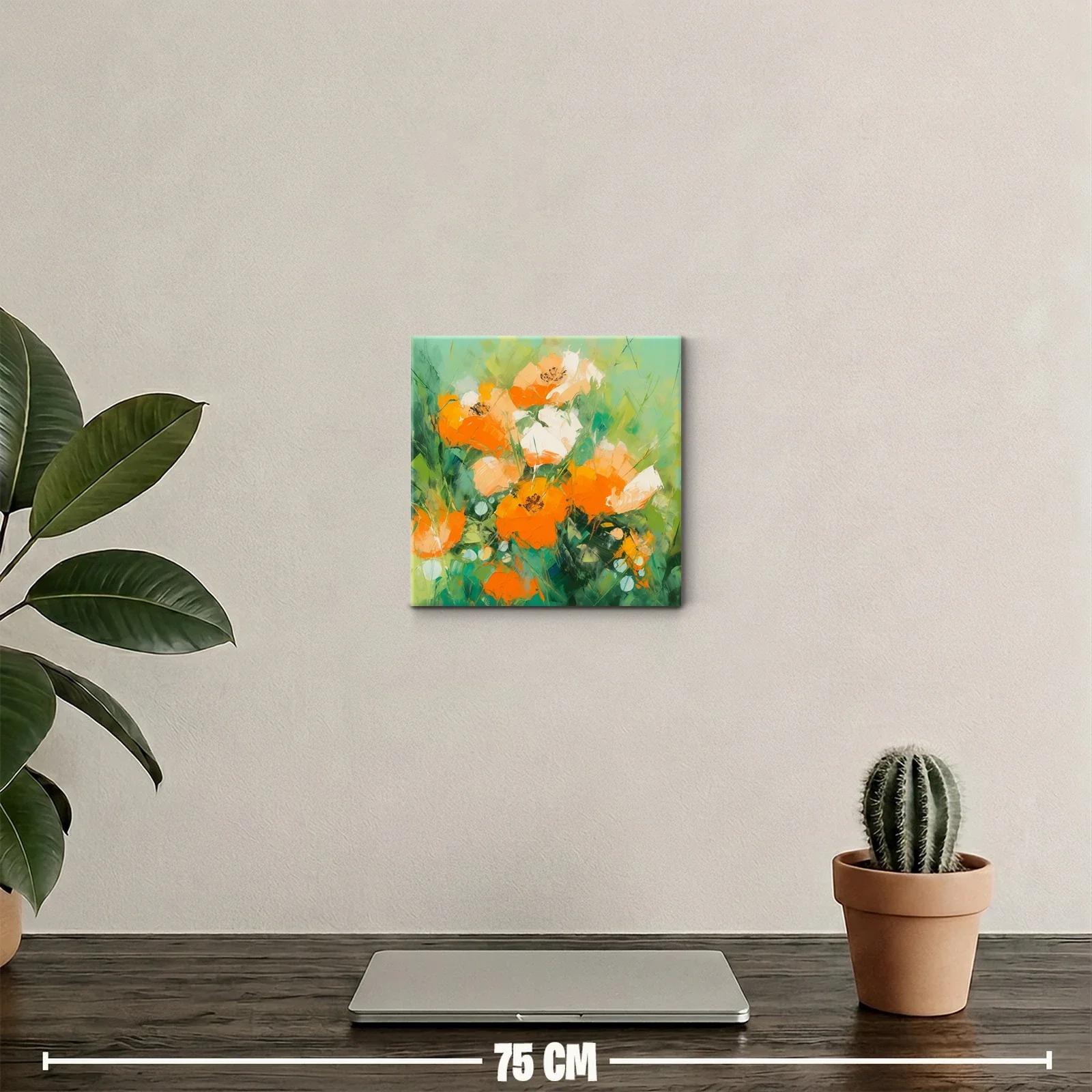 Cuadro decorativo flores vibrantes en tonos verdes y naranjas — miniatura 2