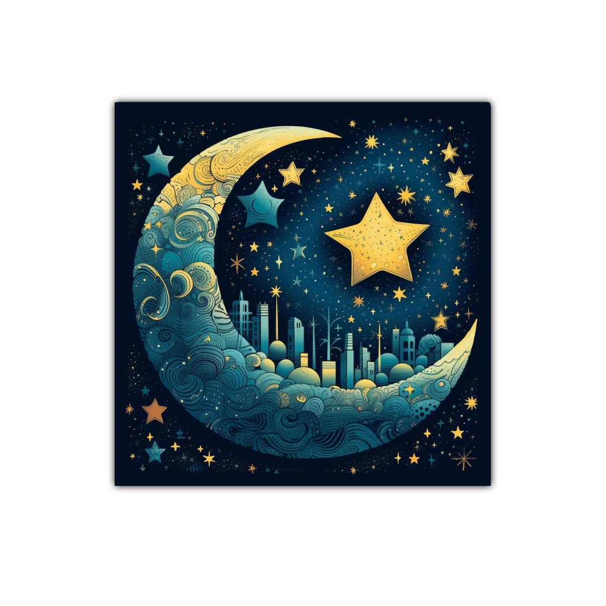 Ciudad mágica en luna azul y estrellas doradas