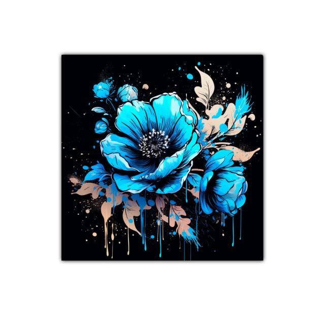 Flores vibrantes en tonos azules sobre fondo oscuro