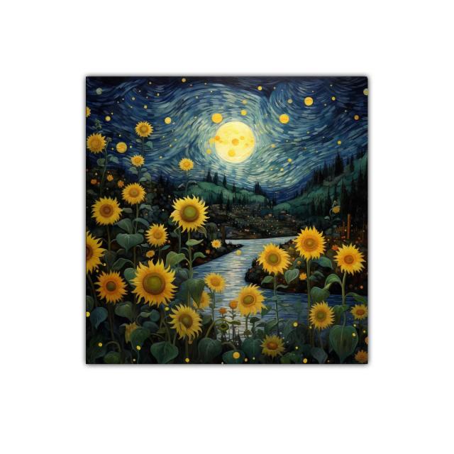 Campo de girasoles bajo un cielo estrellado y la luna llena