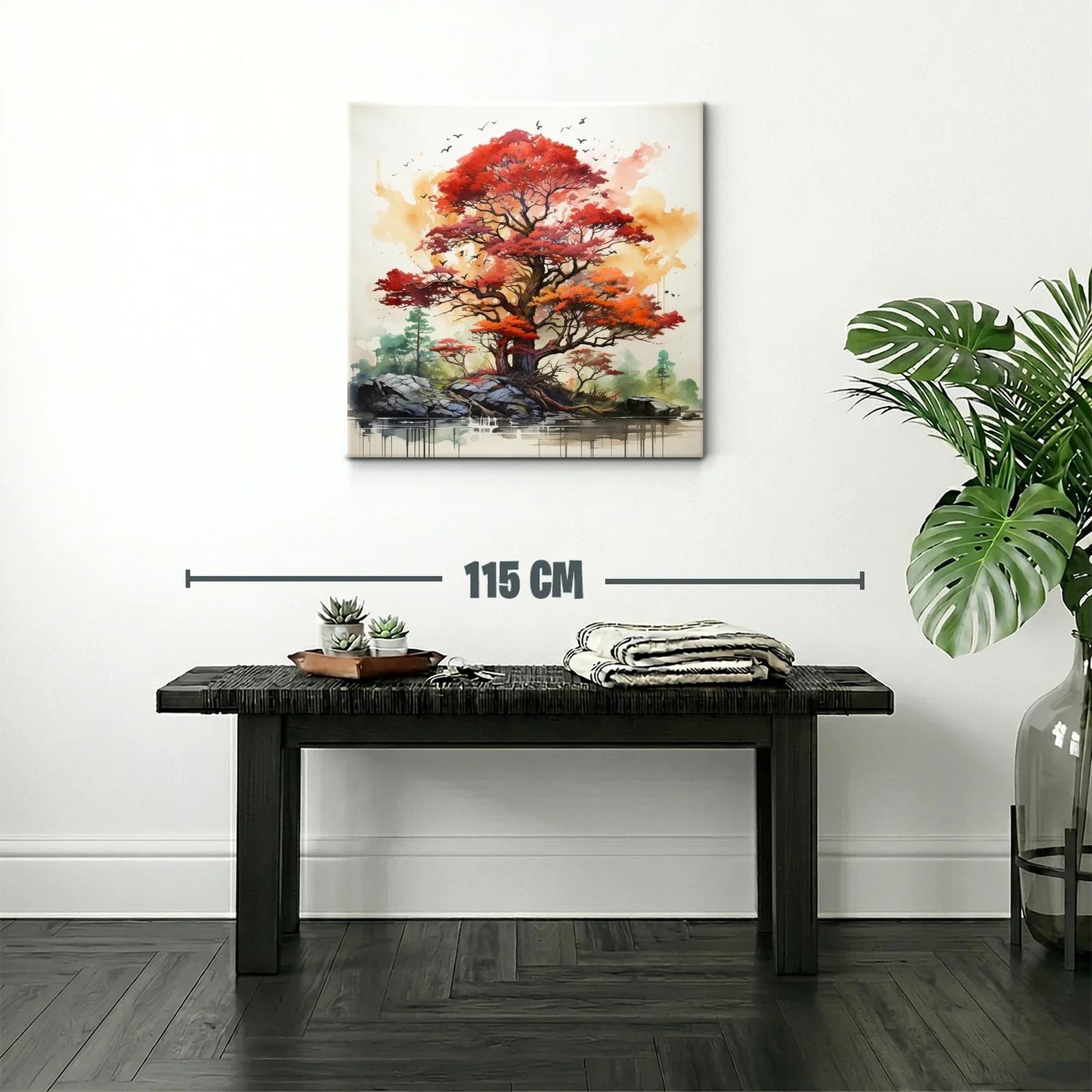 Árbol otoñal vibrante con paisajes naturales y aves — miniatura 2