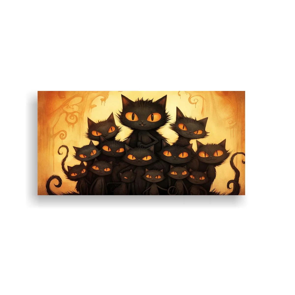 Cuadro grupo de gatos negros con ojos naranjas