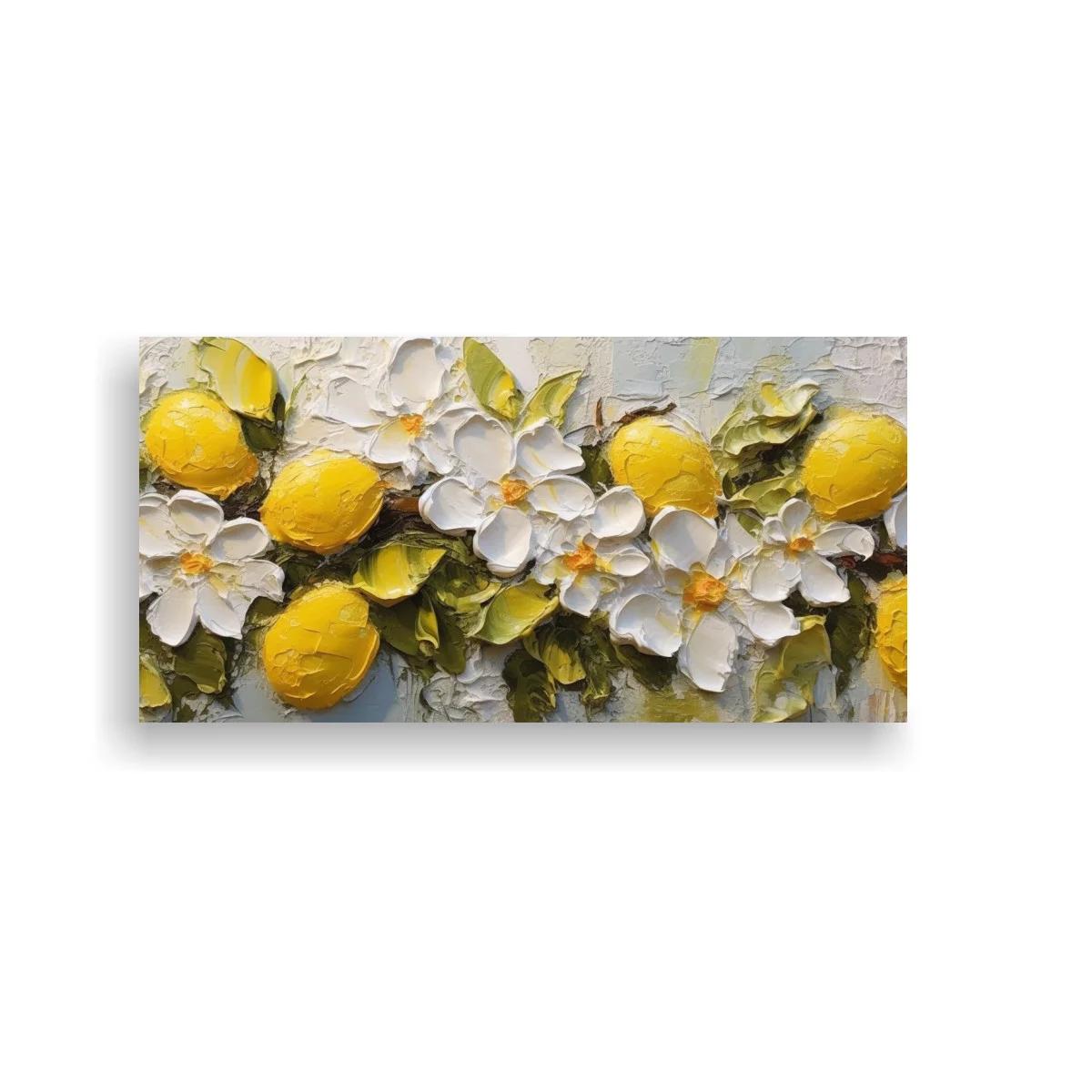 Cuadro de limones con flores blancas y fondo texturizado