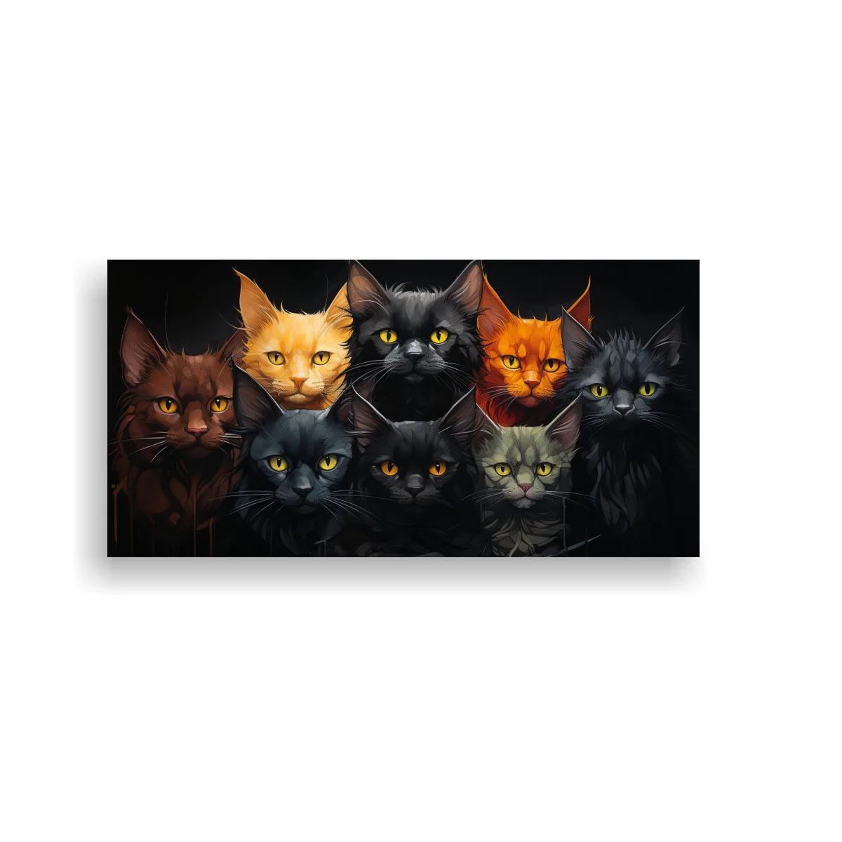 Cuadro de gatos negros con ojos amarillos y un gato gris atigrado — imagen principal