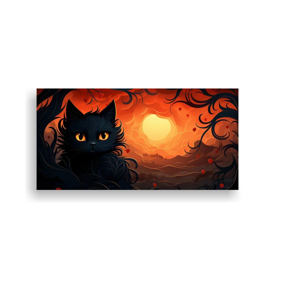 Cuadro gato negro de ojos ámbar con sol naranja