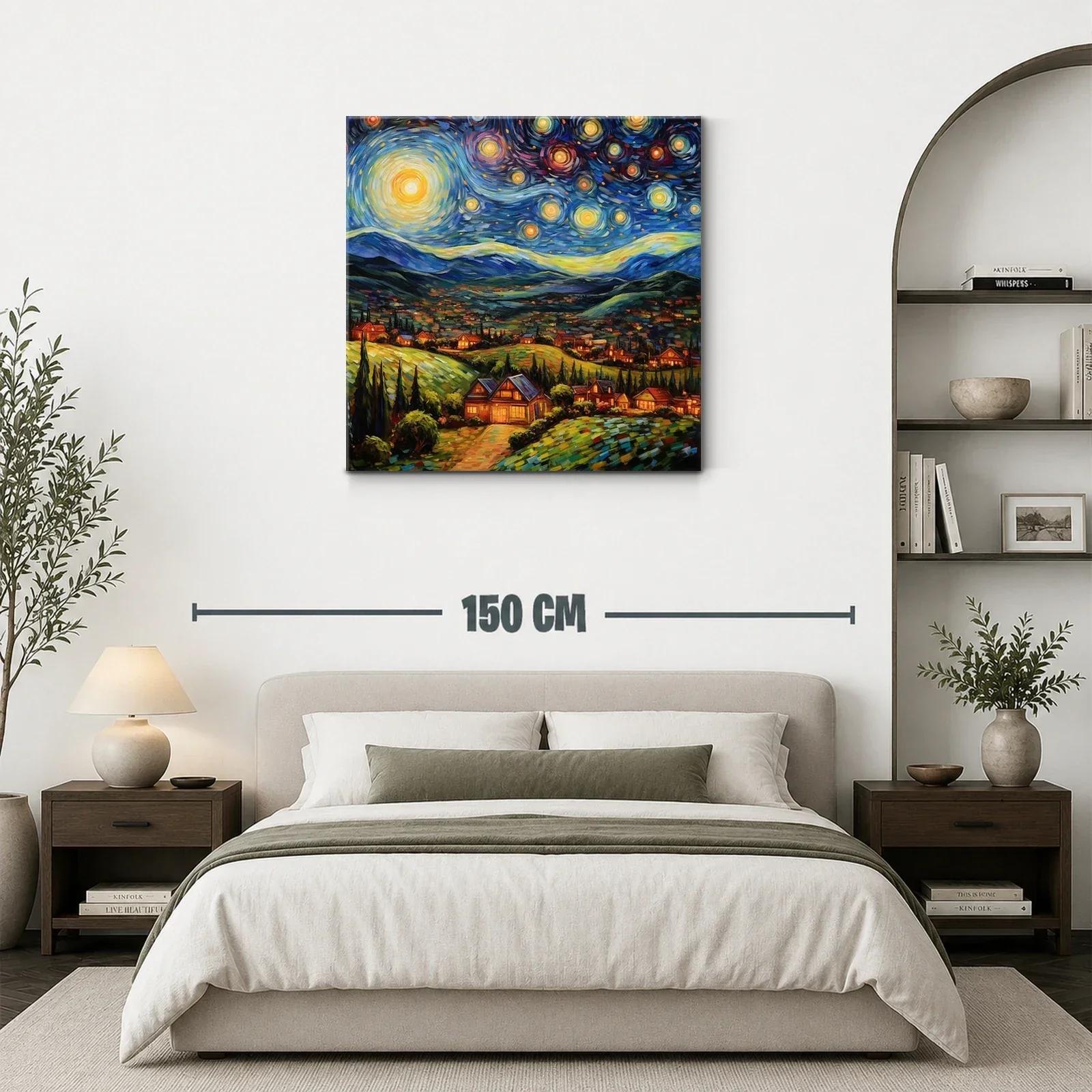 Paisaje Nocturno con Estrellas y Casas Iluminadas — miniatura 3
