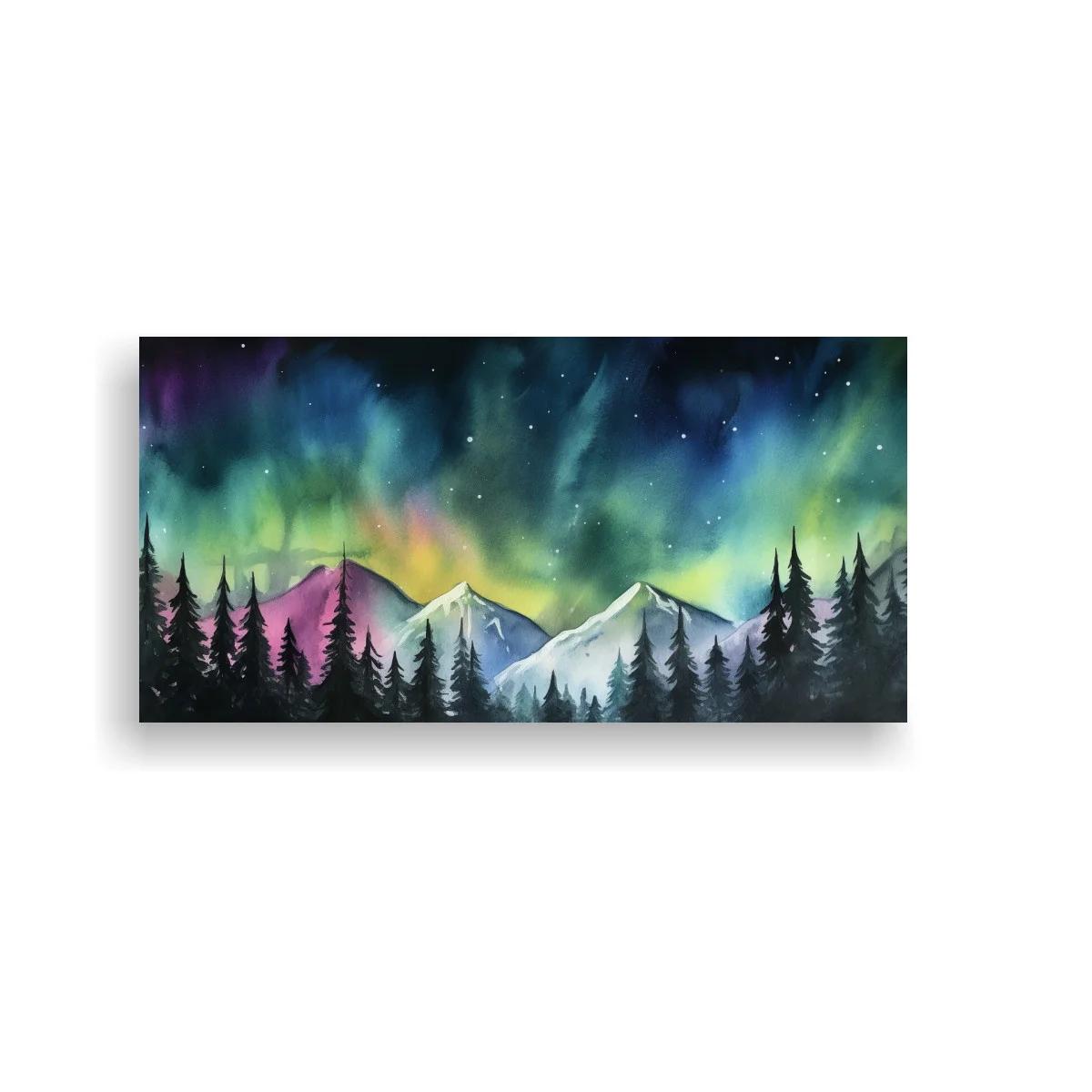 Cuadro aurora boreal sobre montañas nevadas con siluetas de pinos