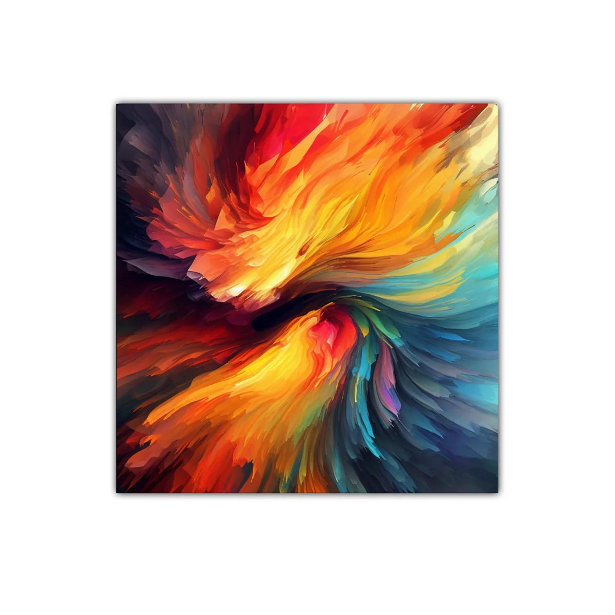 Cuadro abstracto con explosión vibrante de colores cálidos y fríos