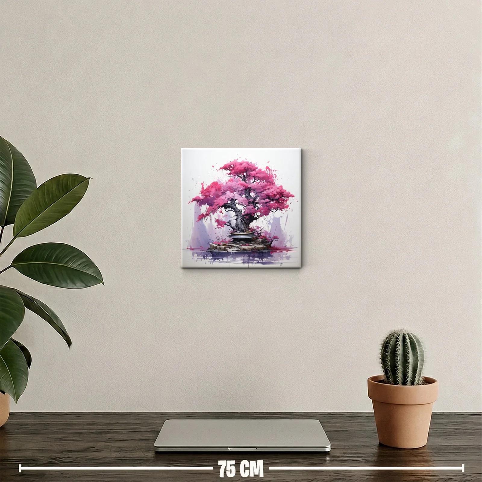 Cuadro árbol bonsái con follaje rosa intenso y fondo minimalista — miniatura 2
