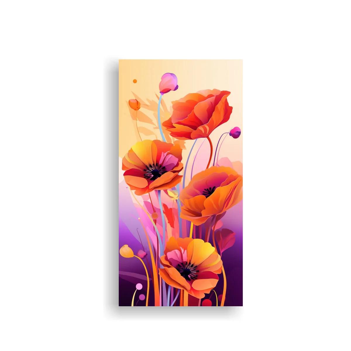 Cuadro de amapolas naranjas con capullos y flores rosadas