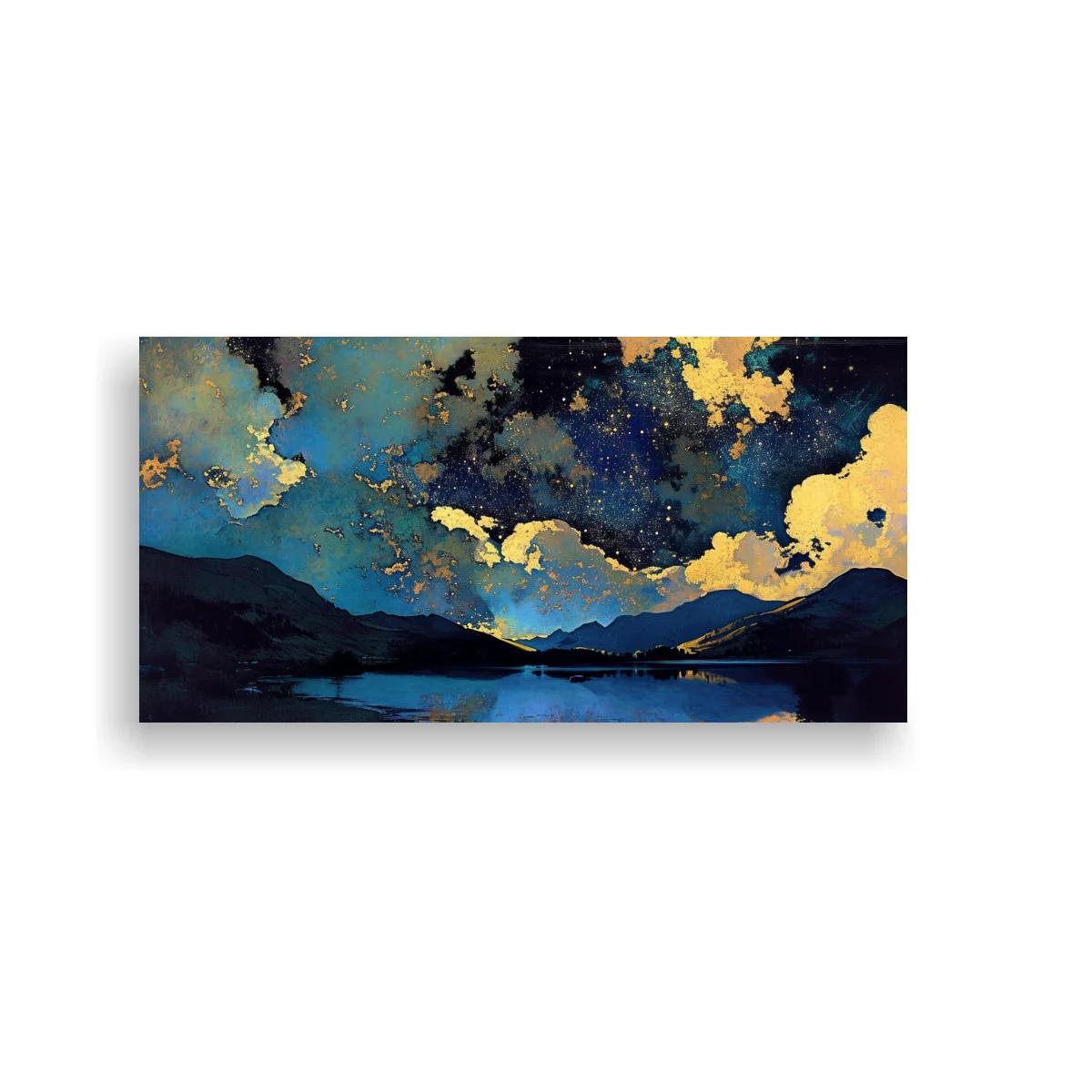 Cuadro paisaje de lago nocturno con nubes doradas