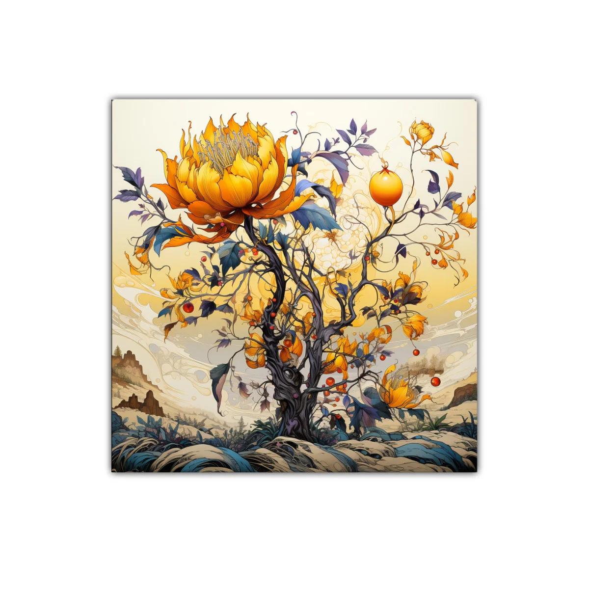 Cuadro fantasioso con árbol y flores en tonos cálidos — imagen principal