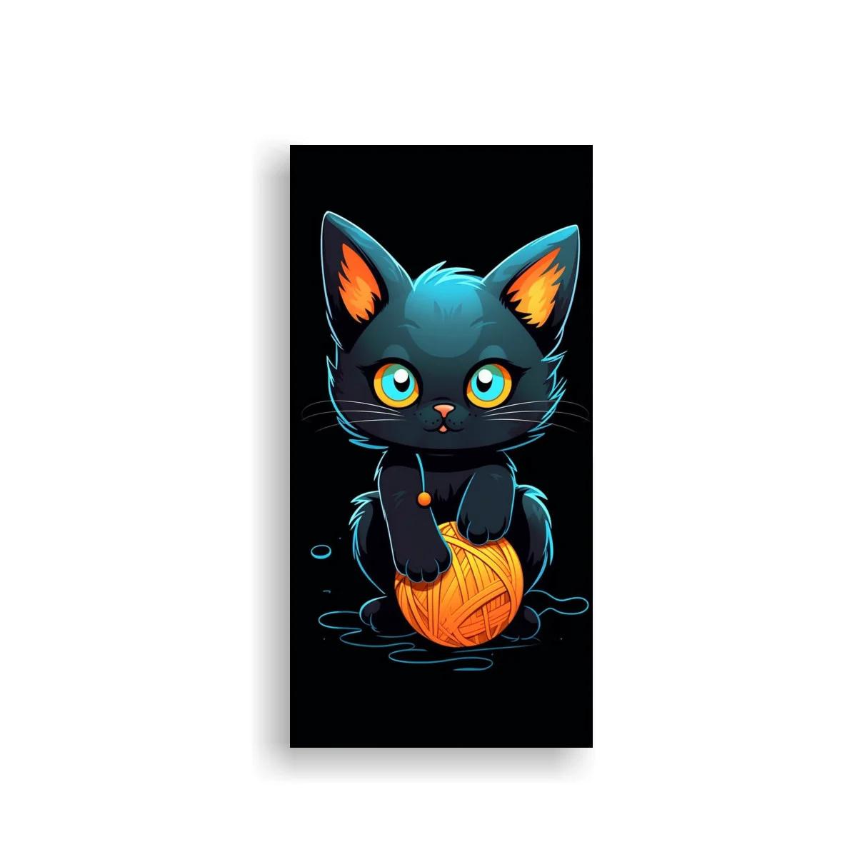 Cuadro gatito negro con ovillo de lana naranja