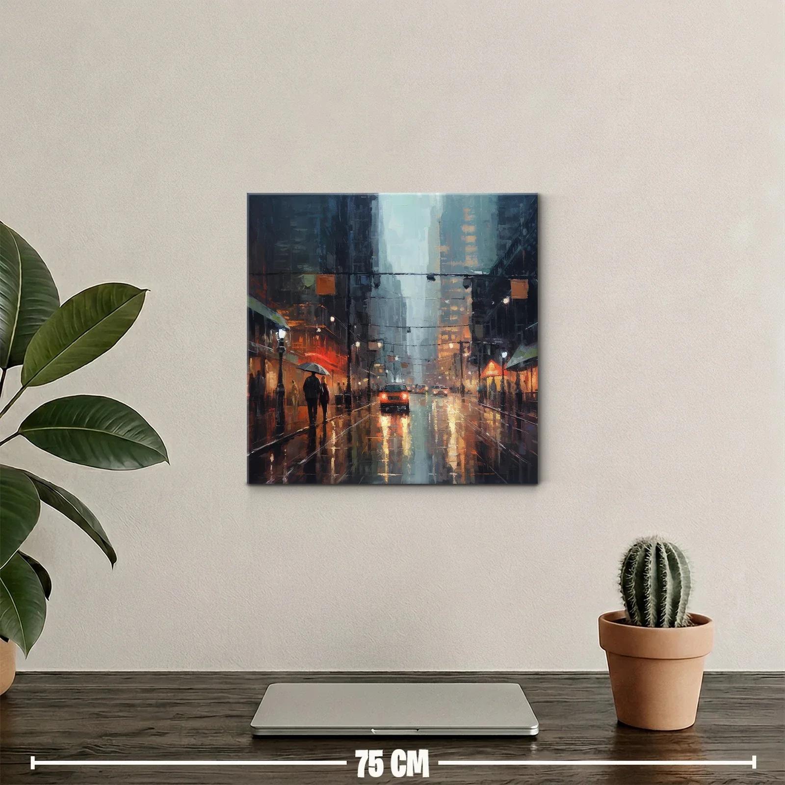 Paisaje urbano lluvioso con reflejos y luz cálida — miniatura 2