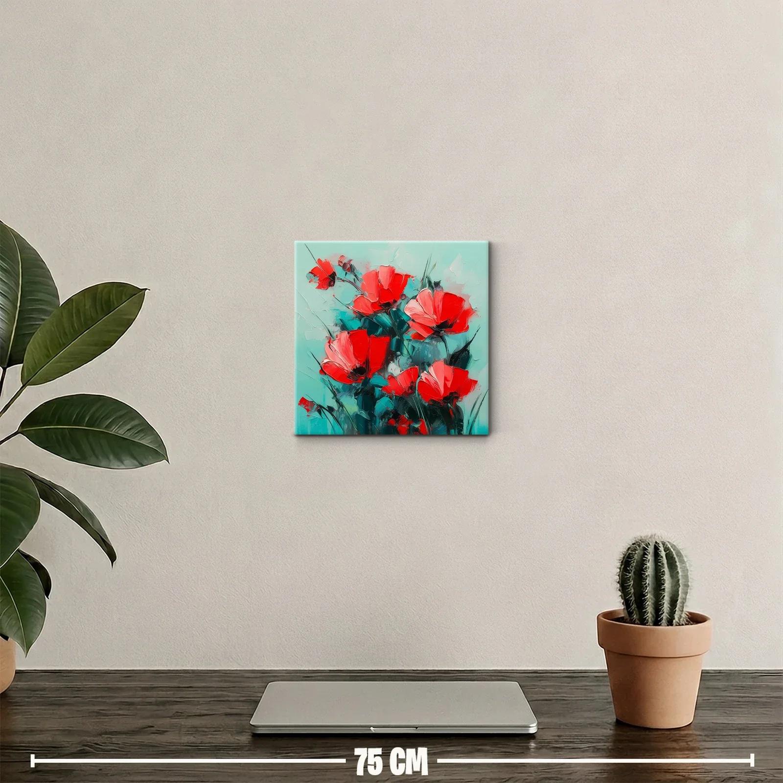 Cuadro floral con vibrantes amapolas rojas sobre fondo turquesa — miniatura 2