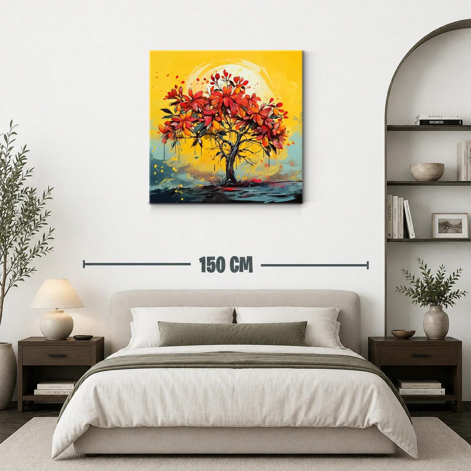 Árbol vibrante con flores rojas sobre fondo amarillo cálido — miniatura 3