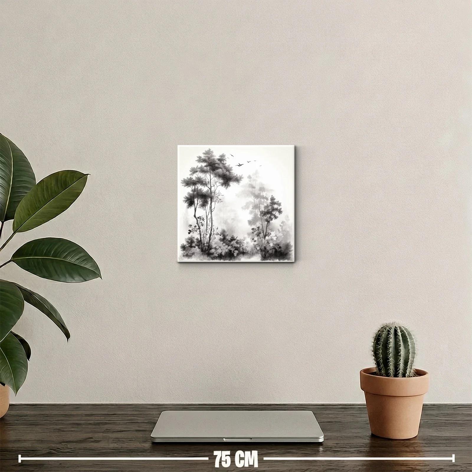 Paisaje sereno con árboles y aves en tonos neutros — miniatura 2