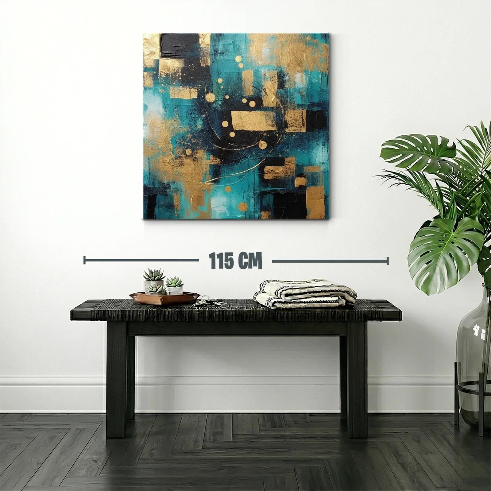 Cuadro abstracto con tonos azul turquesa y dorado — miniatura 2