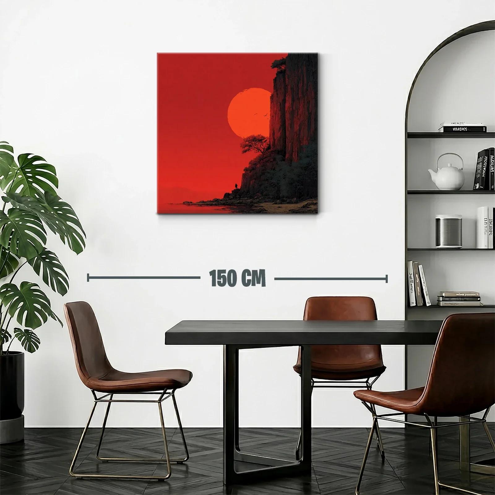 Paisaje dramático con sol rojo y acantilados rocosos — miniatura 2