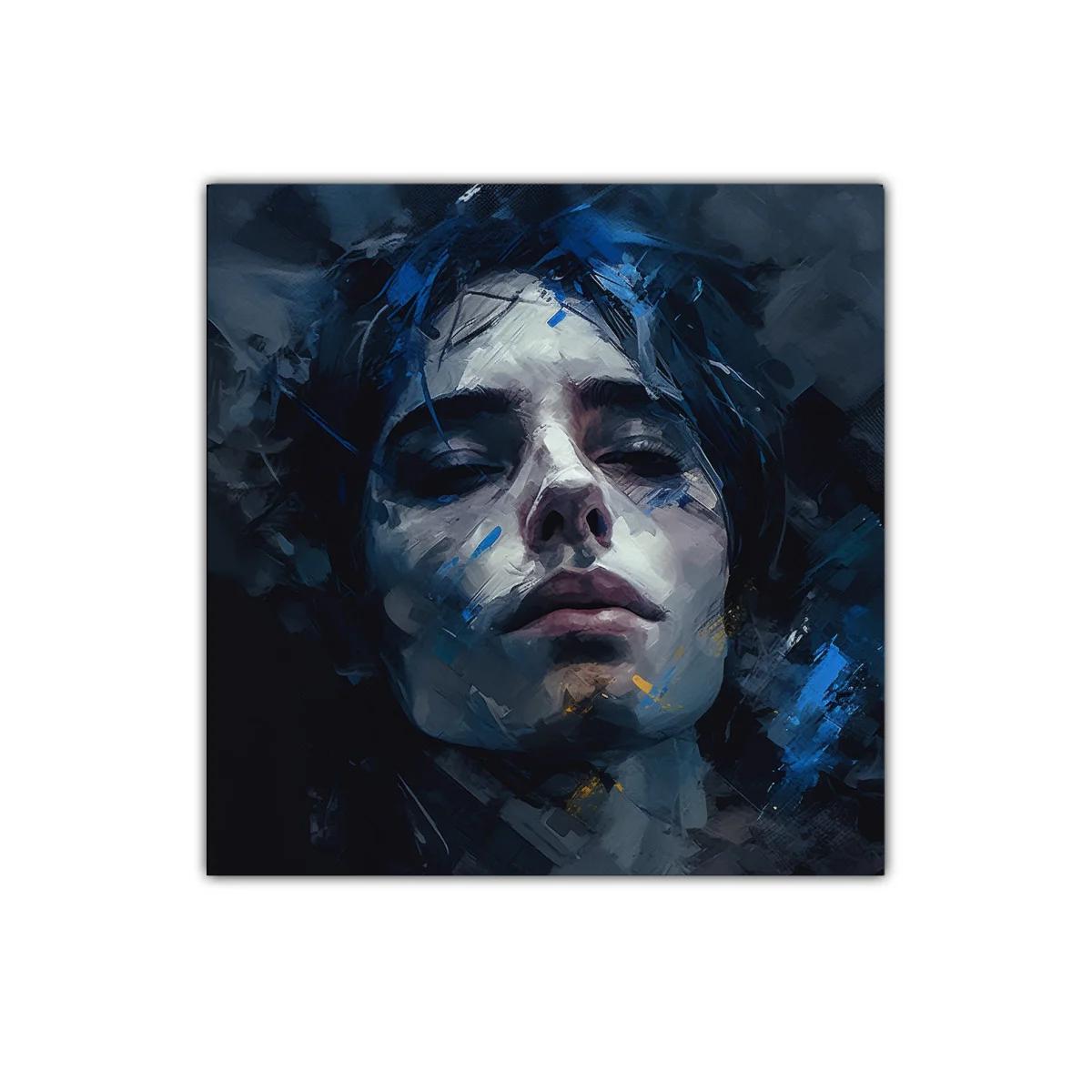 Retrato expresivo con pinceladas en tonos azules y oscuros — imagen principal