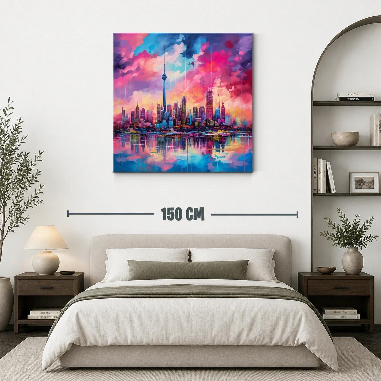 Atardecer vibrante sobre ciudad moderna y reflejos en agua — miniatura 3
