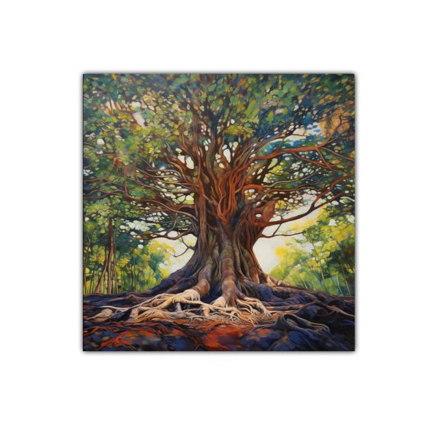 Árbol majestuoso con raíces expuestas y follaje vibrante