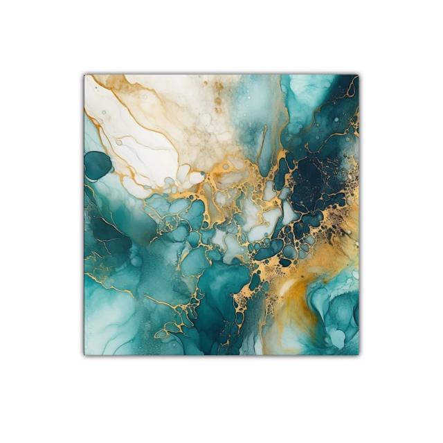 Cuadro abstracto con tonos turquesa y dorado brillante