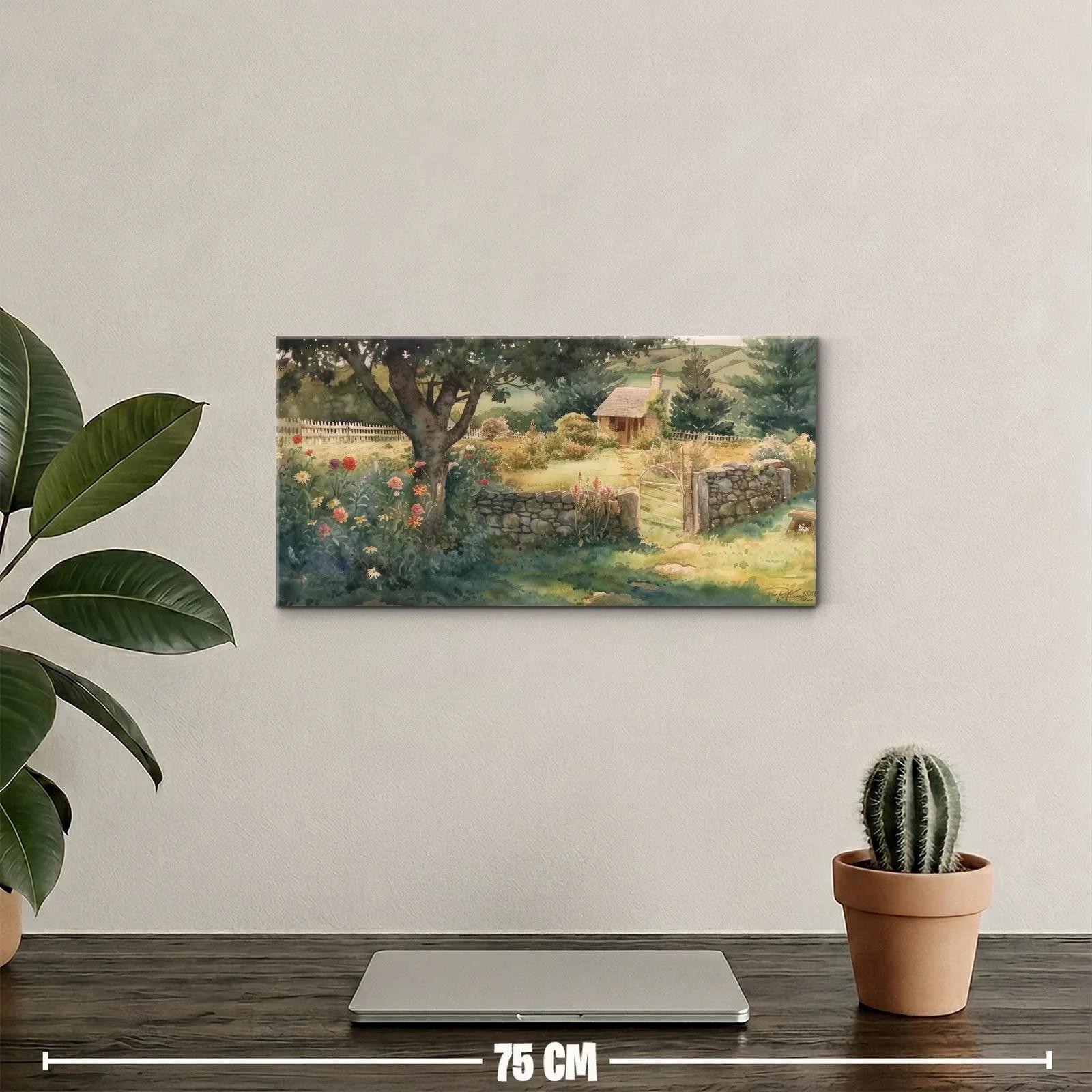 Cuadro casa de campo con muro de piedra y portón abierto — miniatura 2