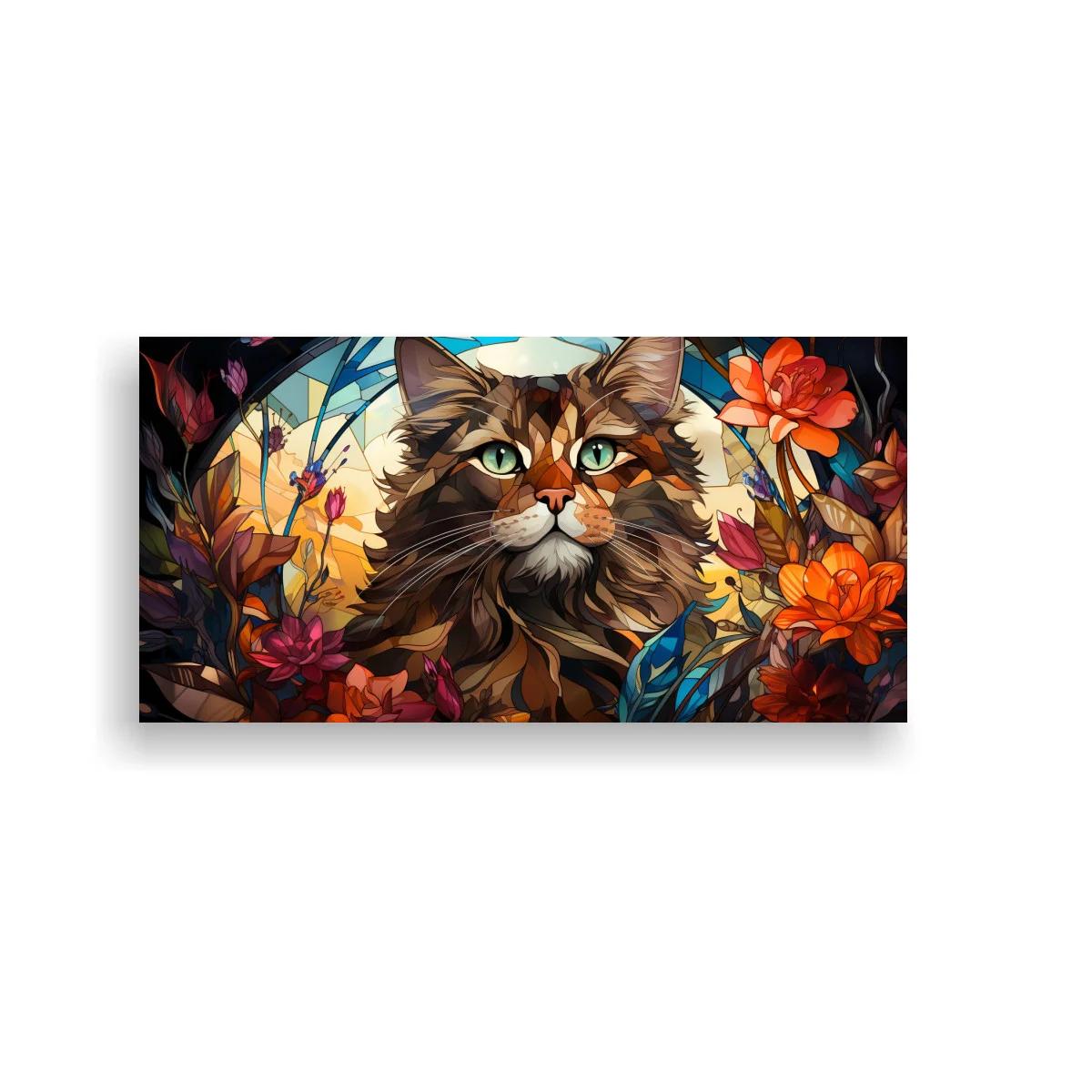 Cuadro gato de pelo largo con flores y mariposas