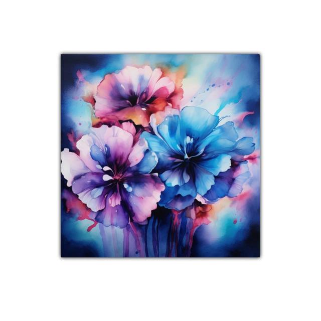 Cuadro decorativo con flores en tonos azules y violetas