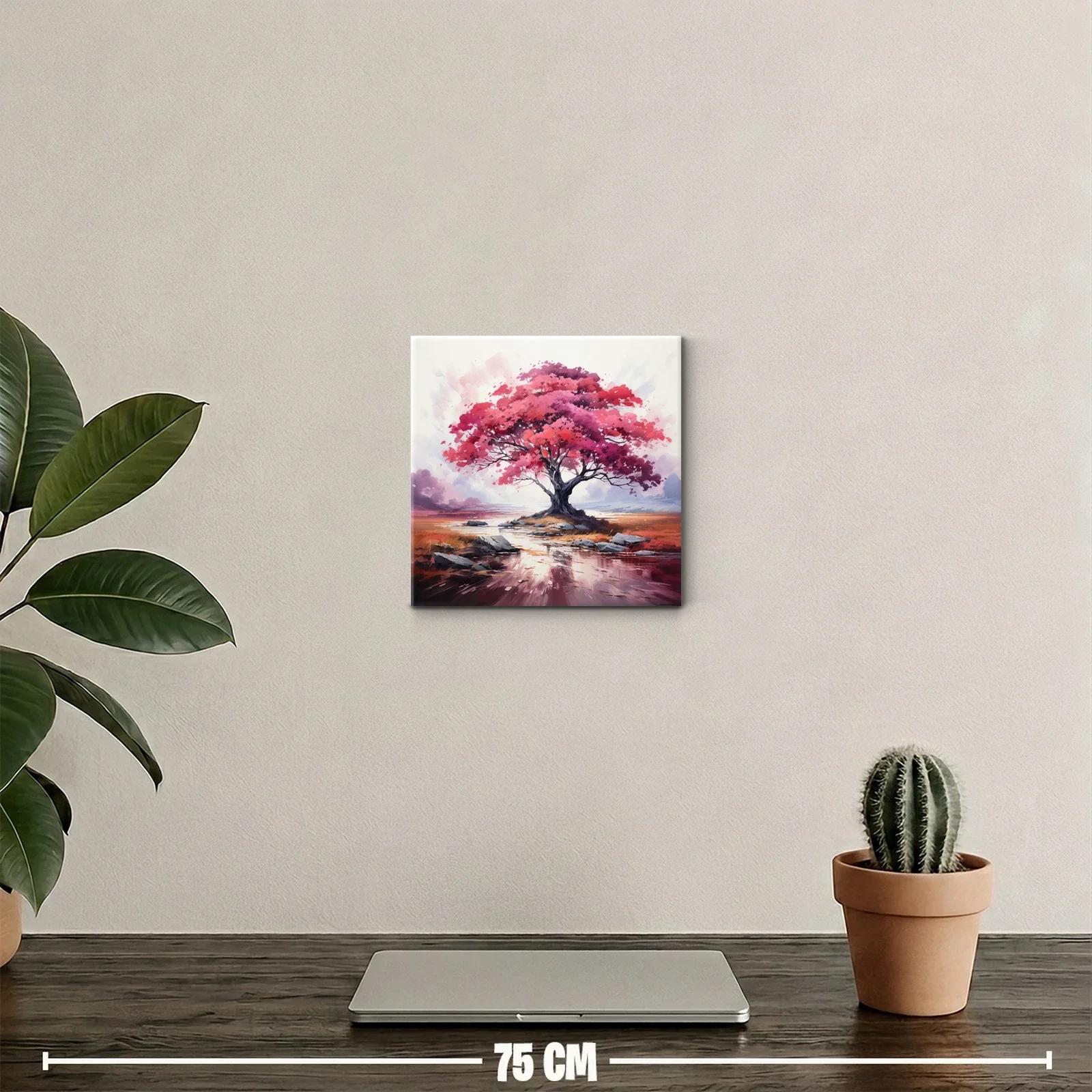 Árbol en tonos rosas y rojos sobre paisaje sereno — miniatura 2