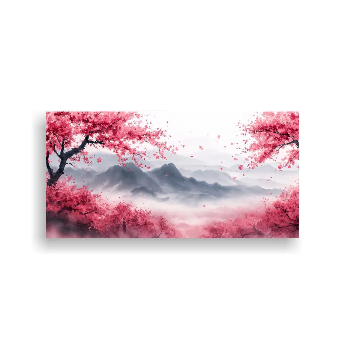 Cuadro paisaje con cerezos en flor y cordillera difusa