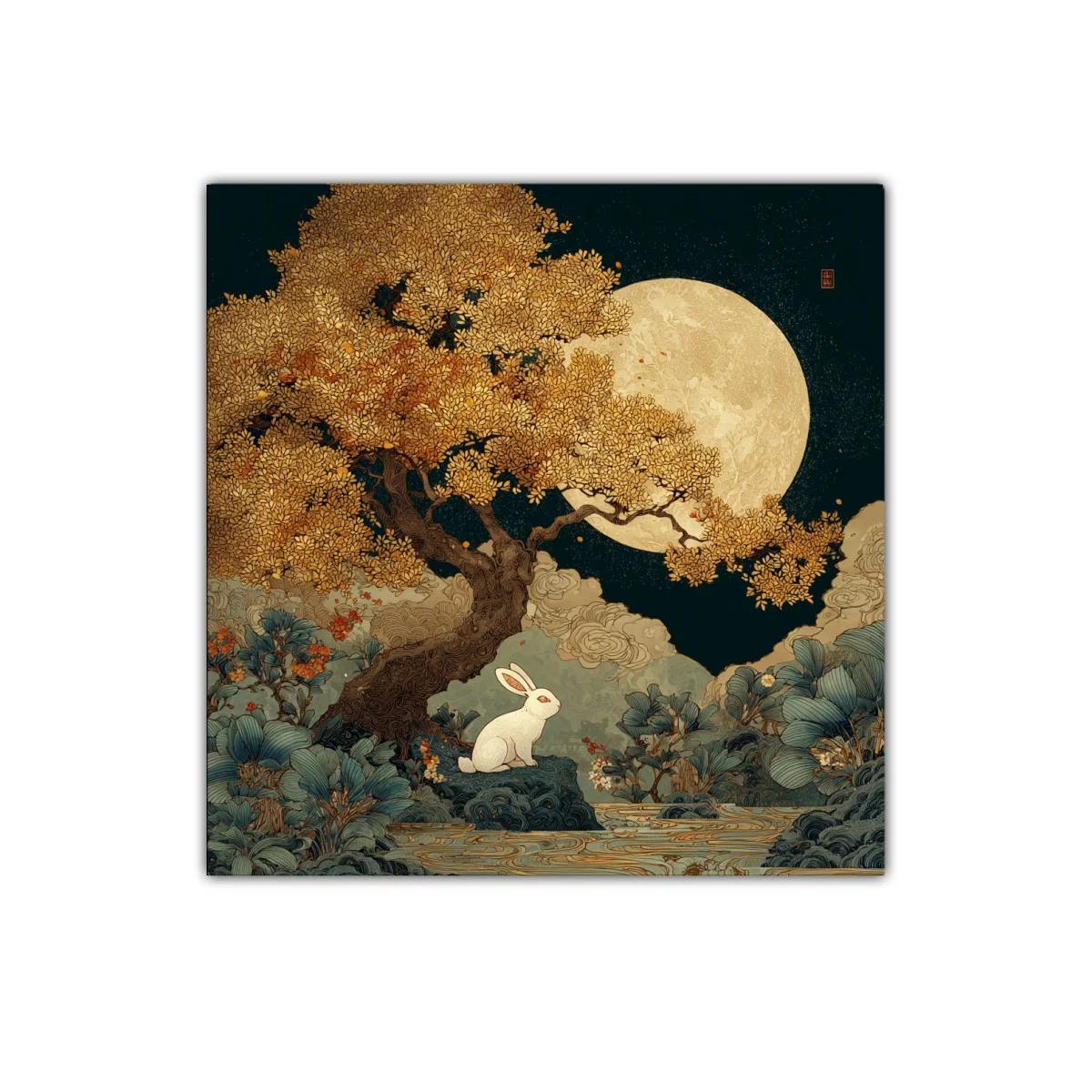 Armonía Nocturna con Árbol Dorado y Conejo Blanco — imagen principal