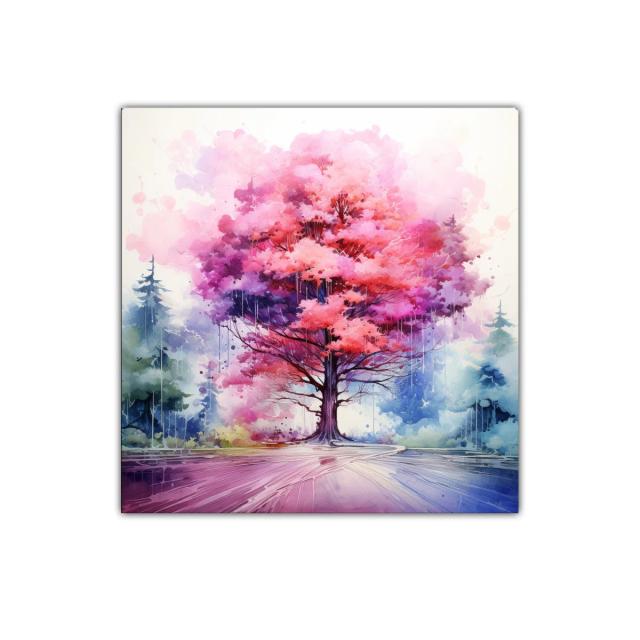 Árbol vibrante en tonos rosas y púrpuras con entorno nebuloso