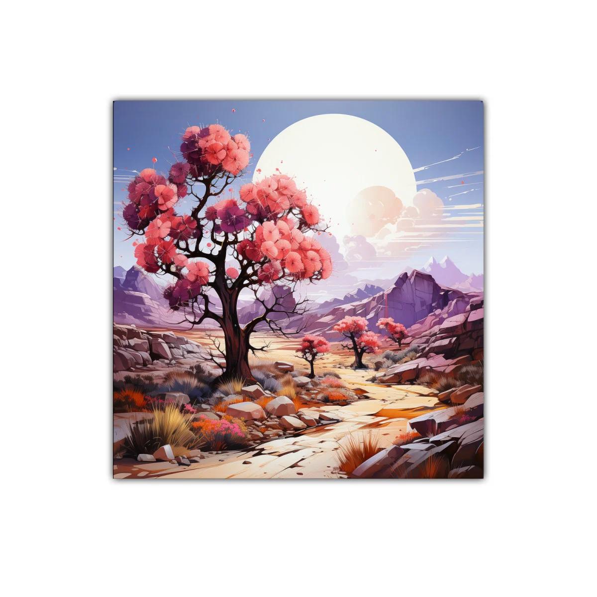 Paisaje surrealista con árboles de flores rosas y montañas — miniatura 1